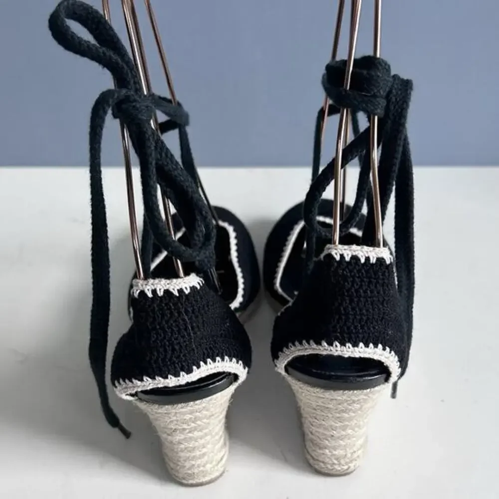 Via Spiga Wedge Sandals Sz 7 Ankle wrap Espadrilles Lenox Crochet Bohemian Siren